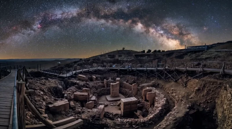 Panoramski noćni pogled na Göbekli Tepe, drevni arheološki lokalitet s kružnim kamenim strukturama i T-stupovima, pod zvjezdanim nebom i Mliječnom stazom.