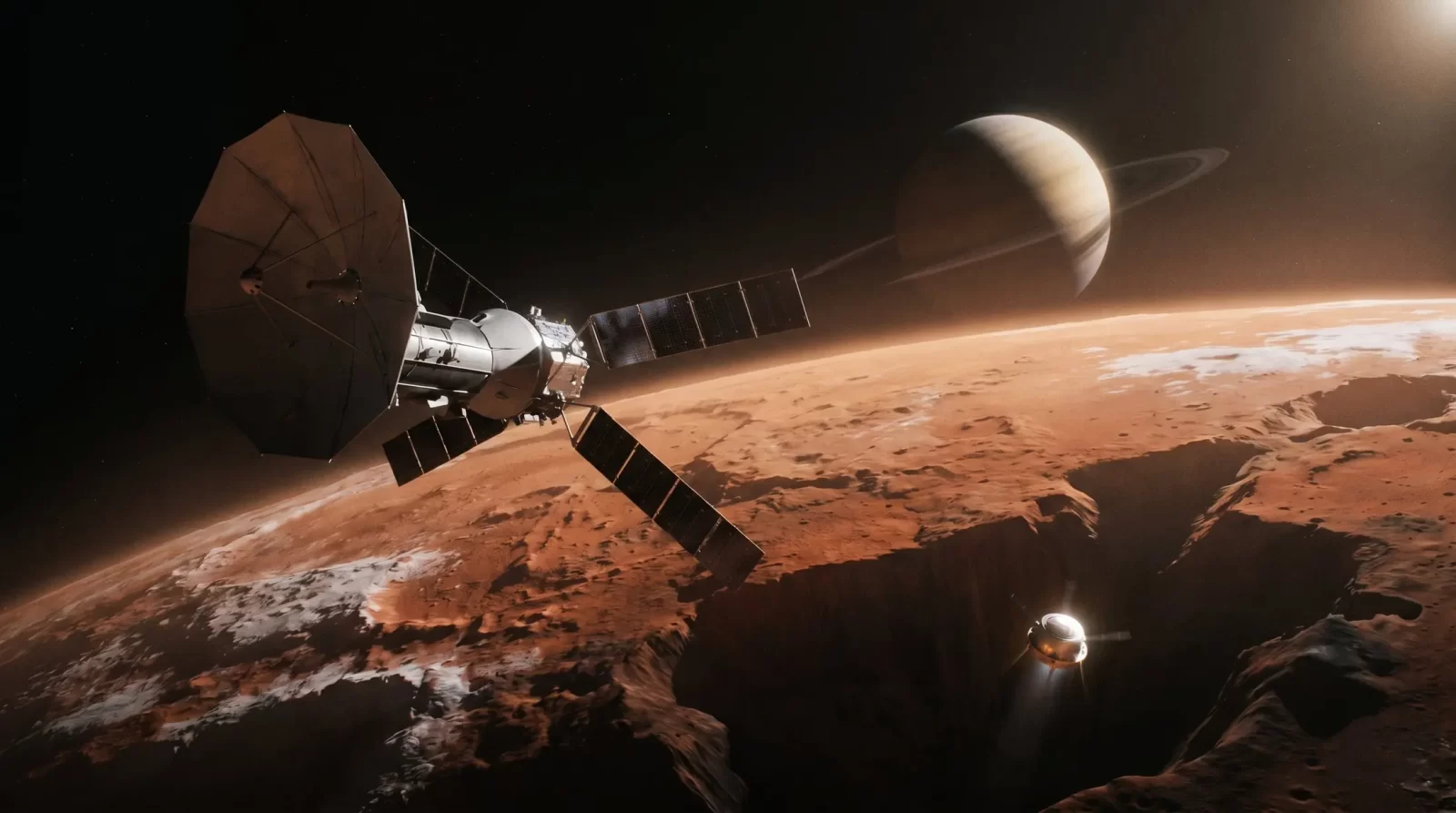 Svemirska sonda leti iznad crvenkaste površine Marsa, dok se u pozadini vidi veliki planet s prstenovima osvijetljen Sunčevom svjetlošću.