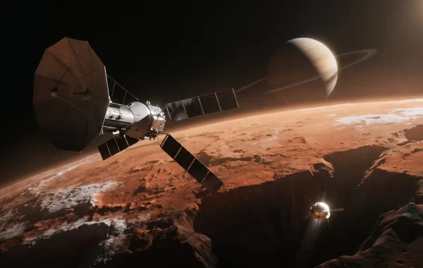Svemirska sonda leti iznad crvenkaste površine Marsa, dok se u pozadini vidi veliki planet s prstenovima osvijetljen Sunčevom svjetlošću.