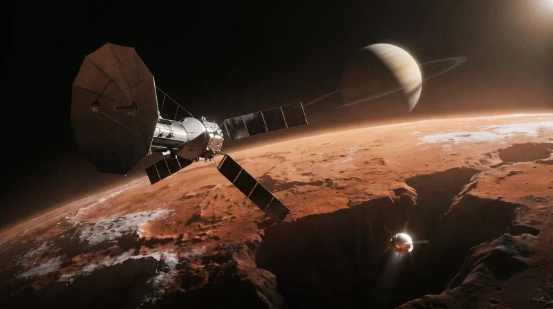 Svemirska sonda leti iznad crvenkaste površine Marsa, dok se u pozadini vidi veliki planet s prstenovima osvijetljen Sunčevom svjetlošću.