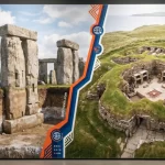 Grafička usporedba Stonehengea i neolitičkog naselja Skara Brae, s prikazom megalitskog kamenog kruga i kamenih kuća na obali otočja Orkney.