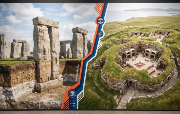 Grafička usporedba Stonehengea i neolitičkog naselja Skara Brae, s prikazom megalitskog kamenog kruga i kamenih kuća na obali otočja Orkney.