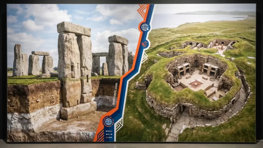 Grafička usporedba Stonehengea i neolitičkog naselja Skara Brae, s prikazom megalitskog kamenog kruga i kamenih kuća na obali otočja Orkney.