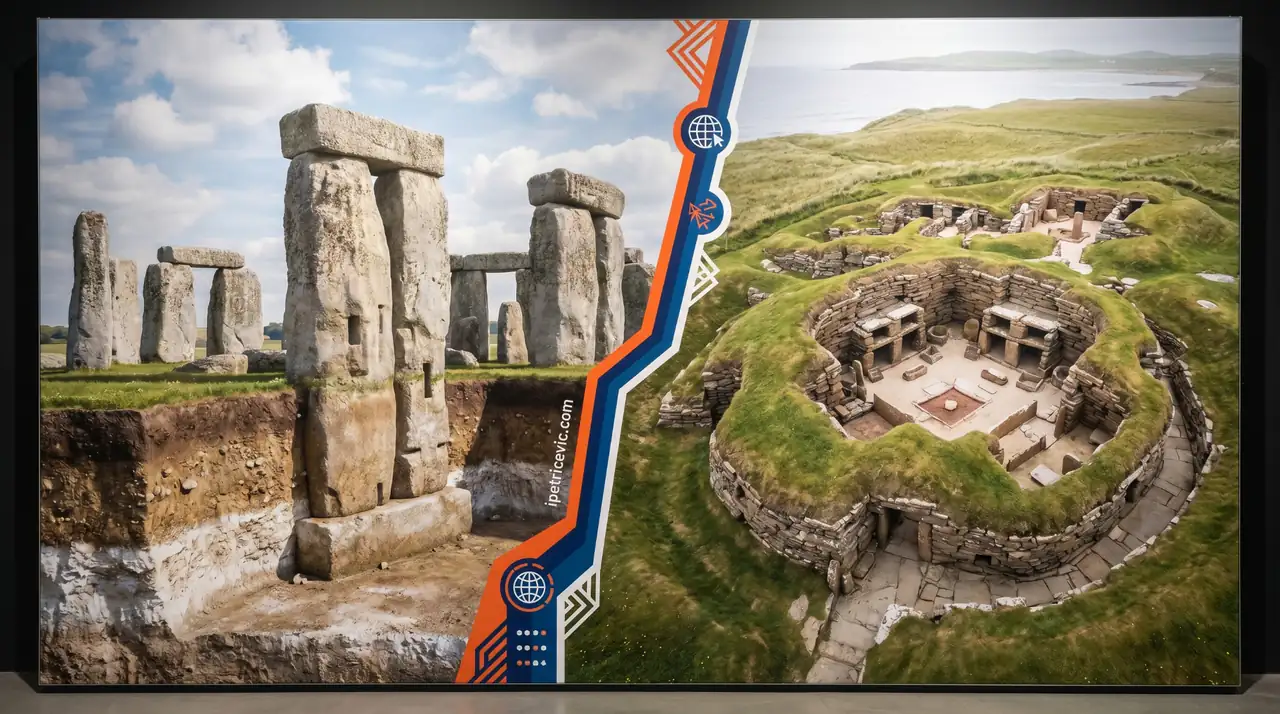 Grafička usporedba Stonehengea i neolitičkog naselja Skara Brae, s prikazom megalitskog kamenog kruga i kamenih kuća na obali otočja Orkney.