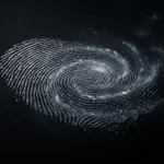 Otisak prsta na tamnoj površini postupno se pretvara u spiralnu galaksiju i zvjezdanu prašinu.