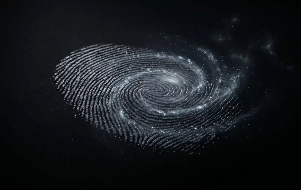 Otisak prsta na tamnoj površini postupno se pretvara u spiralnu galaksiju i zvjezdanu prašinu.