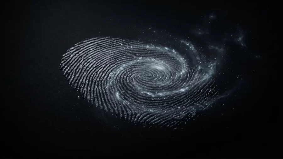 Otisak prsta na tamnoj površini postupno se pretvara u spiralnu galaksiju i zvjezdanu prašinu.