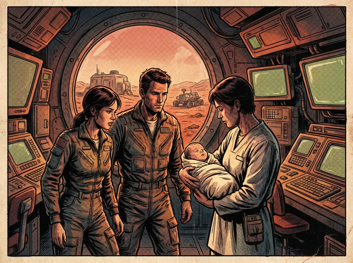 Retro stripovska ilustracija medicinske prostorije u marsovskoj postaji. Liječnica drži novorođenče, roditelji stoje pokraj nje, a kroz veliki prozor vidi se površina Marsa s nastambama i roverom.