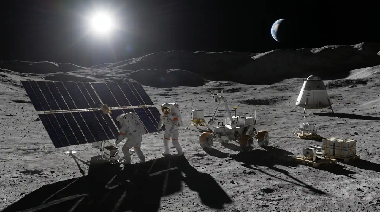 Astronauti na Mjesecu rade pokraj velikih solarnih panela, rovera, tereta i landera, dok se Zemlja vidi iznad lunarnog horizonta.