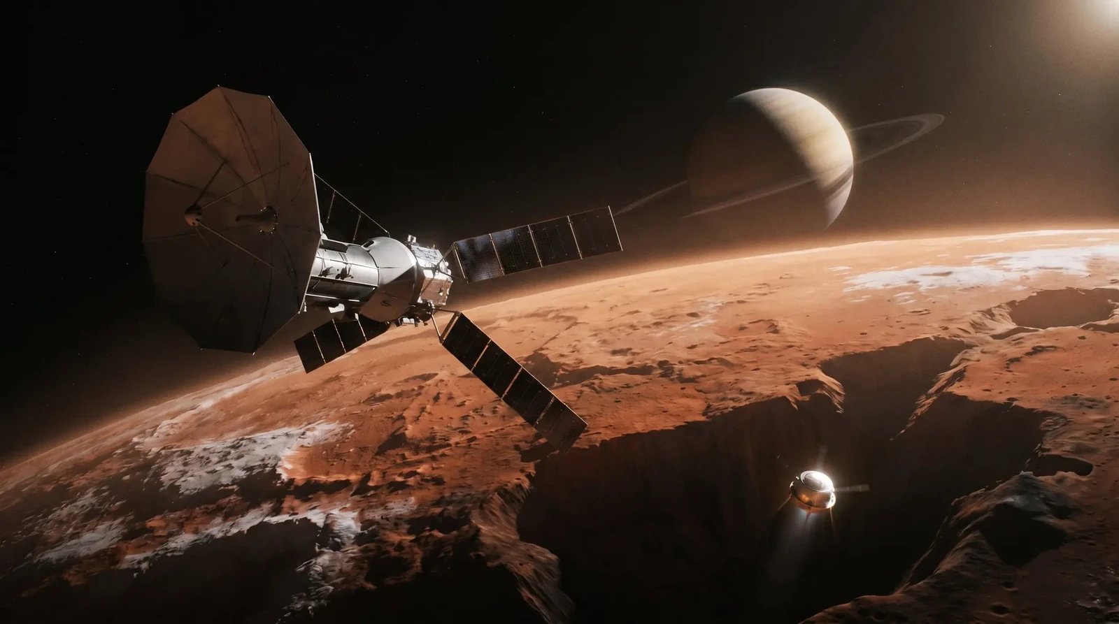 Svemirska sonda leti iznad crvenkaste površine Marsa, dok se u pozadini vidi veliki planet s prstenovima osvijetljen Sunčevom svjetlošću.
