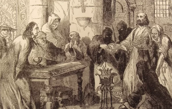 Grafika iz 19. stoljeća koja prikazuje ispitivanje Jacquesa de Molaya