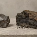 Komad metala i blok lignita na kamenoj podlozi