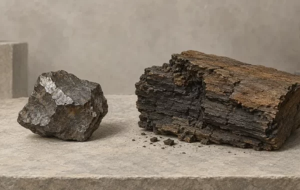 Komad metala i blok lignita na kamenoj podlozi