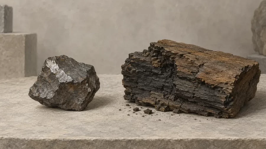 Komad metala i blok lignita na kamenoj podlozi