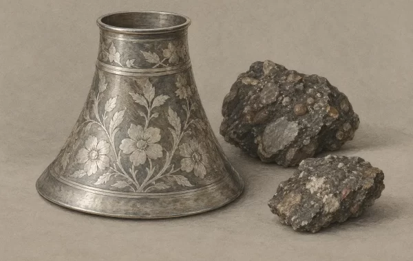 Ukrašena metalna posuda uz ulomke stijene