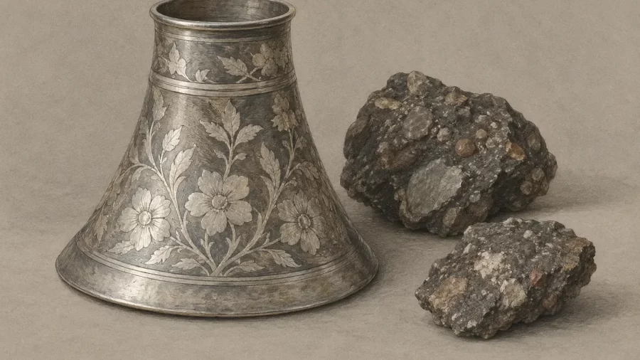 Ukrašena metalna posuda uz ulomke stijene