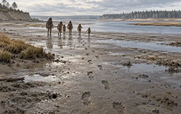 Skupina ljudi prelazi blatnu obalu estuarija