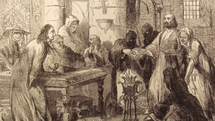 Grafika iz 19. stoljeća koja prikazuje ispitivanje Jacquesa de Molaya