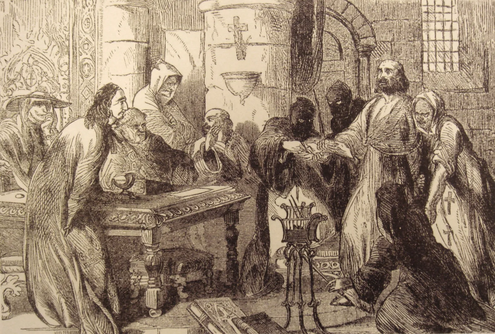 Grafika iz 19. stoljeća koja prikazuje ispitivanje Jacquesa de Molaya