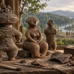 Interpretativna ilustracija glinenih figurica dogū s naglašenim očima
