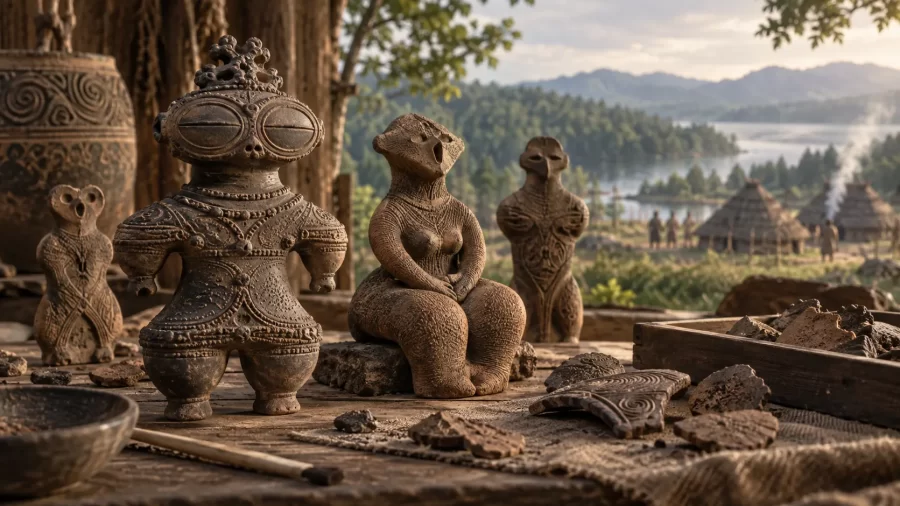 Interpretativna ilustracija glinenih figurica dogū s naglašenim očima